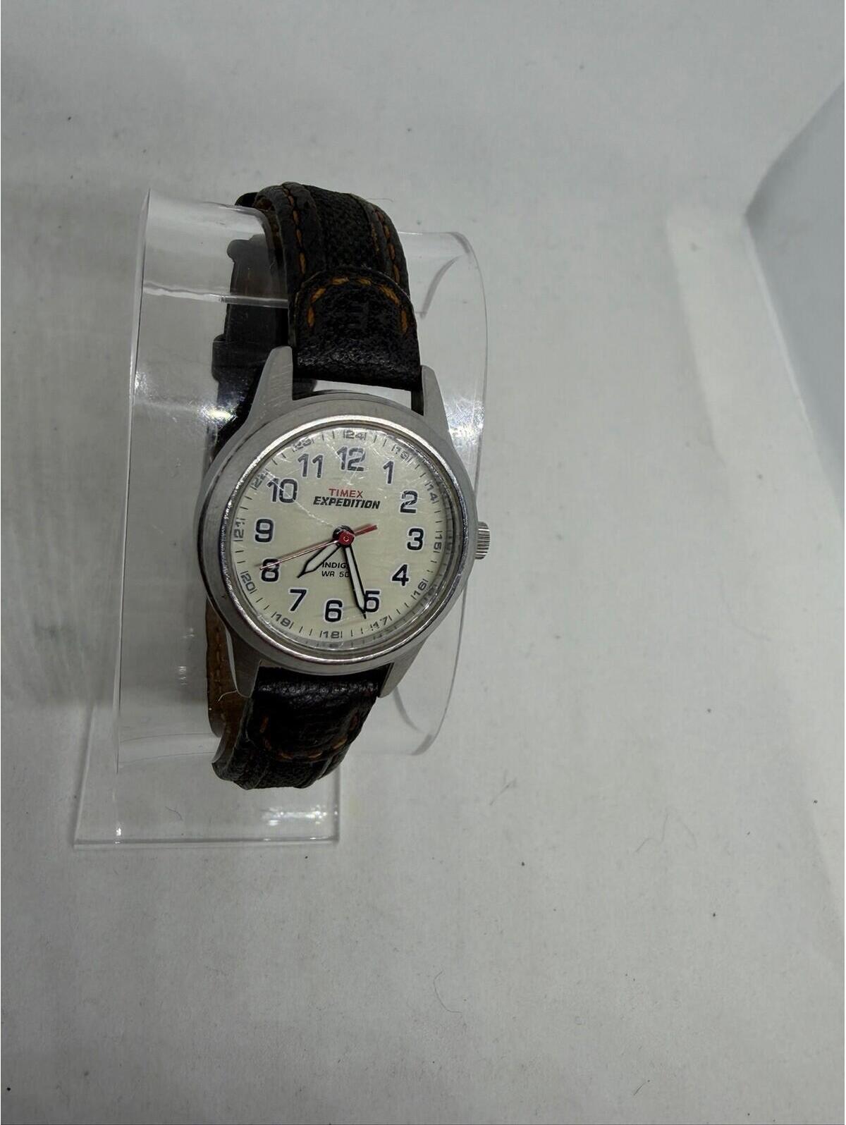 Timex Expedition Watch Women 26mm Silver Tone Date Leather Band New Battery